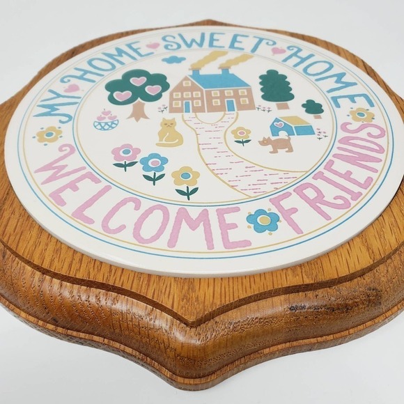 Vintage Tile Wall Hanging Plaque My Home Sweet Home Welcome Friends Decor Wooden - Picture 2 of 9